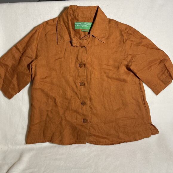 United Colors Of Benetton Women's Blouse Button Up Linen Sz M Rust/ Orange - Picture 2 of 4